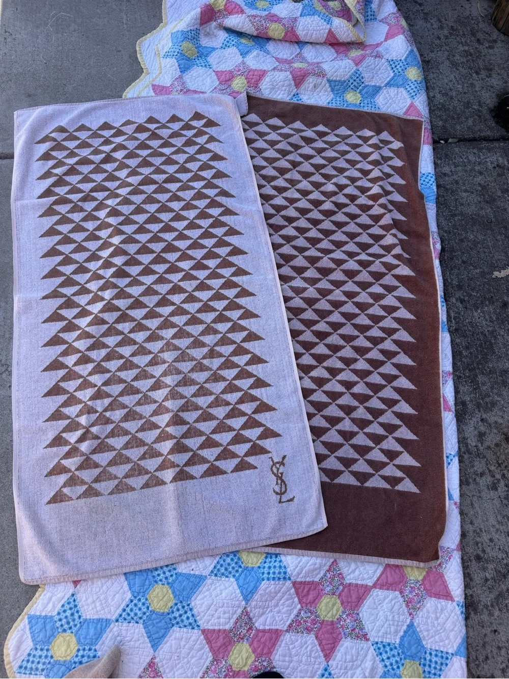 Vintage 1970’s Yves Saint Laurent Brown and Cream Geometric Cotton Towel Set